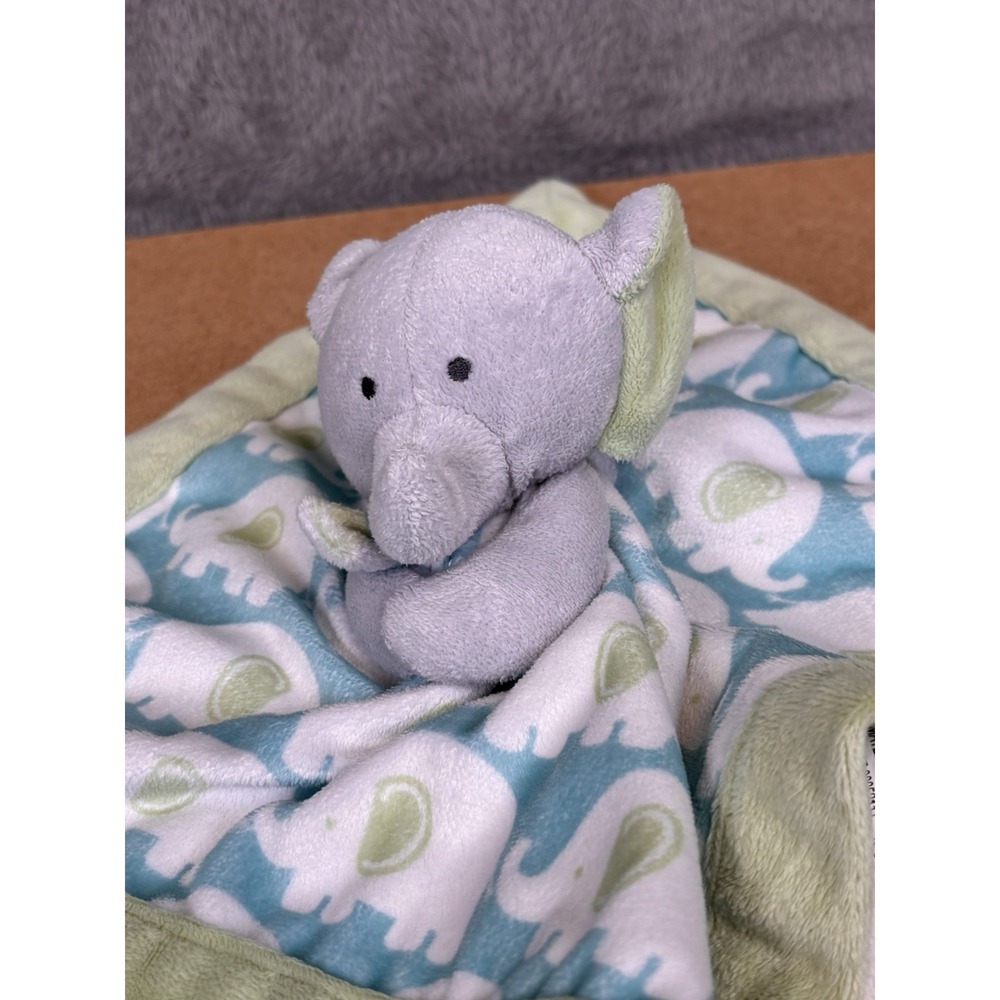 Carter's  Elephant Lovey Security Blanket Plush Blue Green Gray Baby Toy 13"x13"